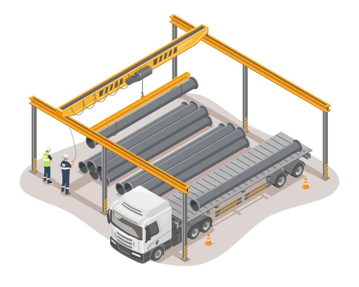 aérien grue levage industriel acier tuyaux de bande annonce plat lit un camion dans usine à plat industriel fabrication ouvrier concept illustration isométrique isolé vecteur