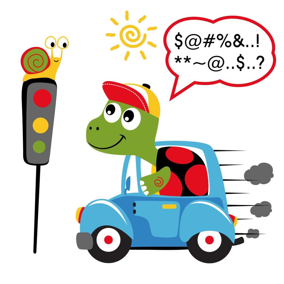 mignonne tortue conduite voiture avec escargot sur feu rouge, vecteur dessin animé illustration