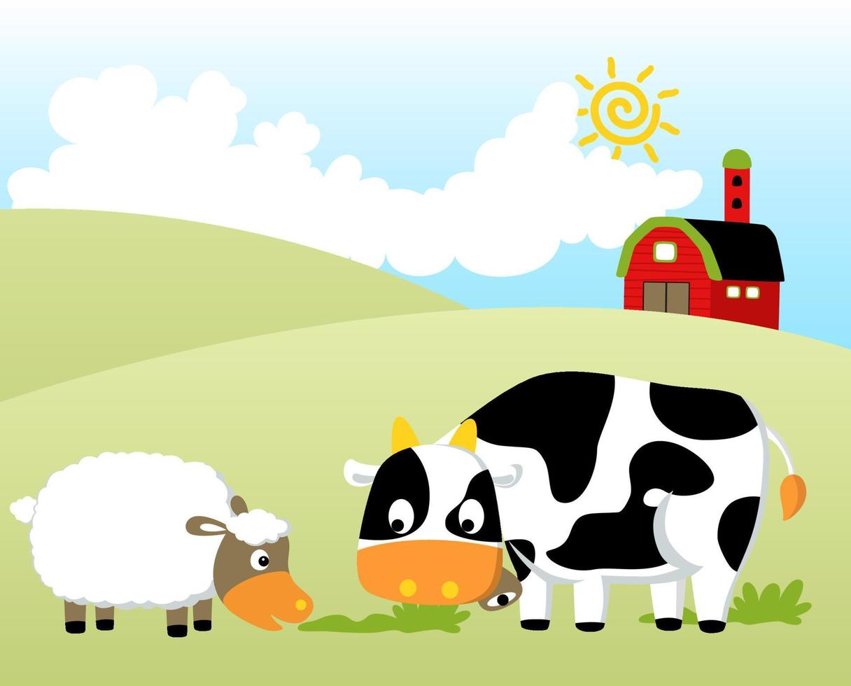 marrant ferme animaux dans ferme champ, vecteur dessin animé illustration