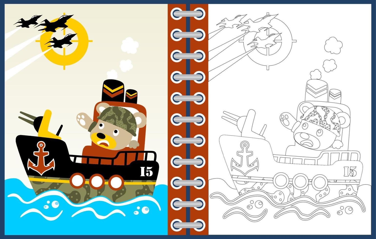 marrant ours sur navire de guerre, vecteur dessin animé illustration, coloration page ou livre