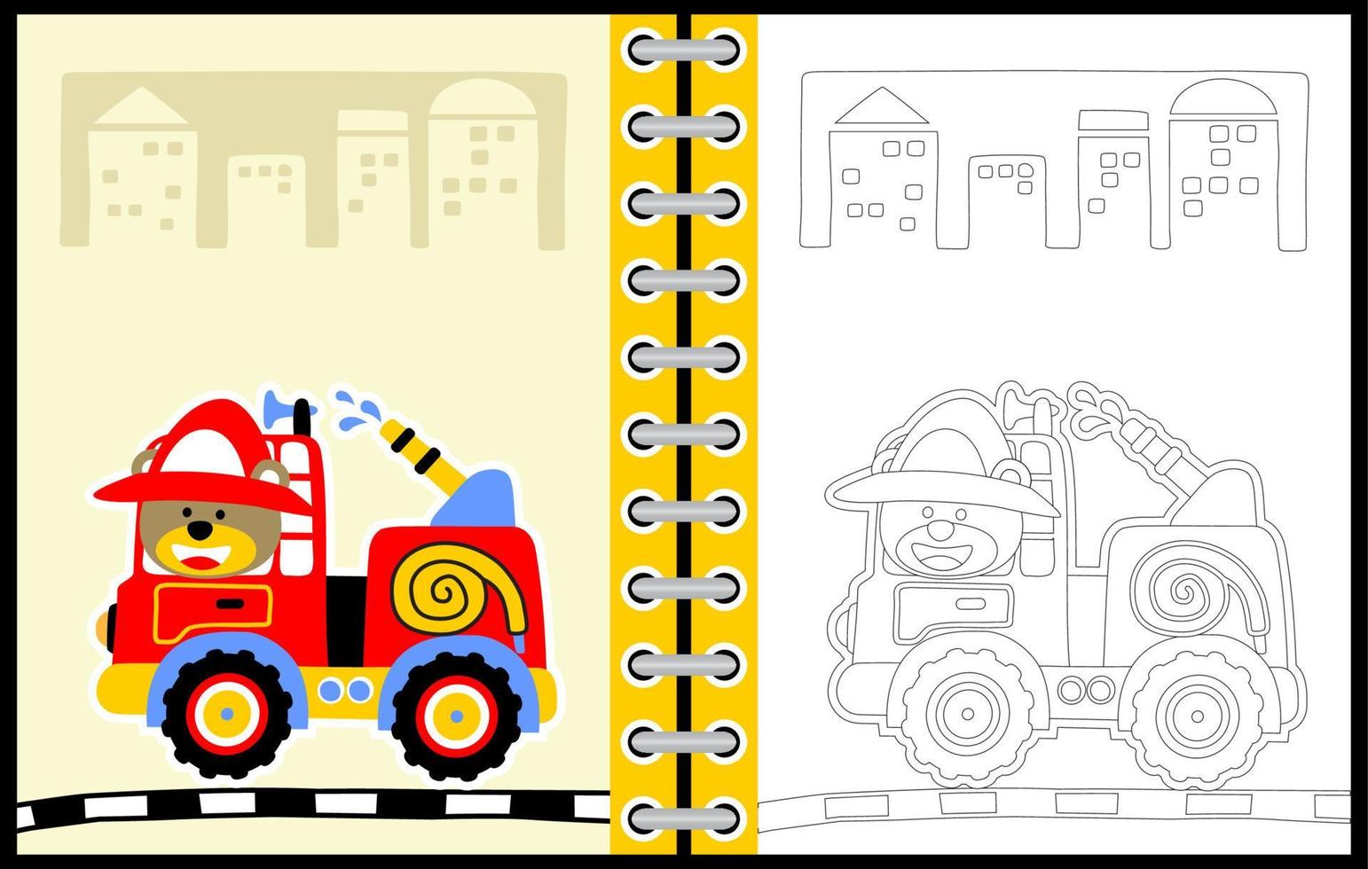 mignonne ours sur camion de pompier, vecteur dessin animé, coloration page ou livre