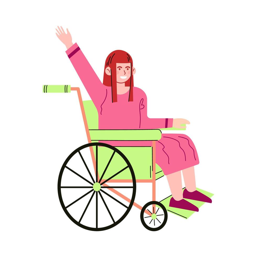 Jeune caucasien femme séance dans fauteuil roulant. content fille avec longue cheveux vivant avec invalidité. plat illustration dans dessin animé style. vecteur isolé sur blanche.