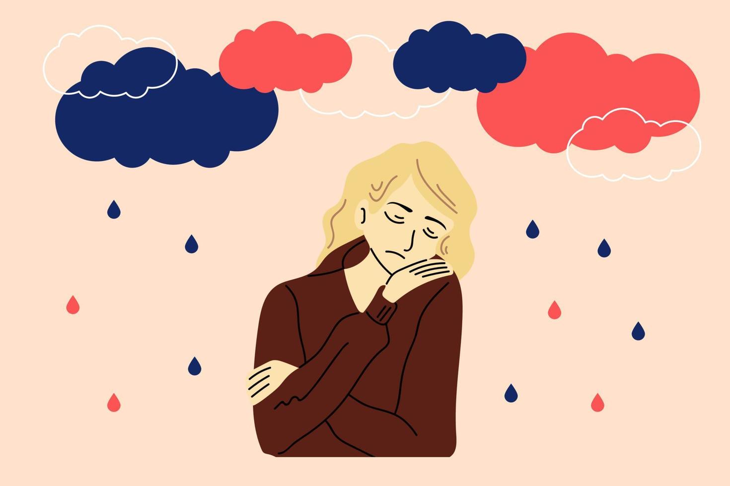 triste, malheureux Jeune femme en dessous de foncé des nuages et pluie. psychologie, dépression, mal ambiance. vecteur illustration dans dessin animé style.