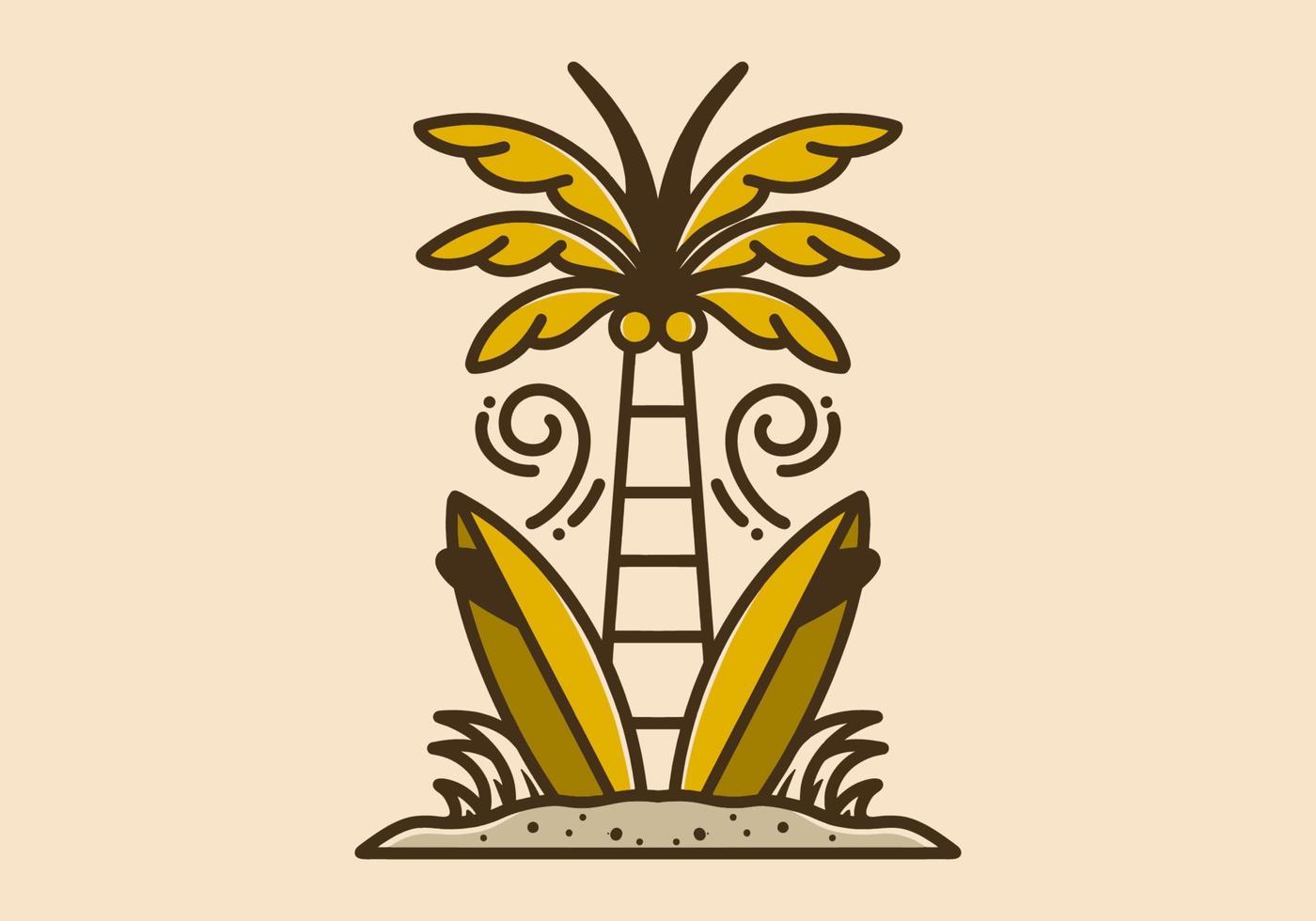 ancien illustration de une noix de coco arbre et deux surfant planche vecteur