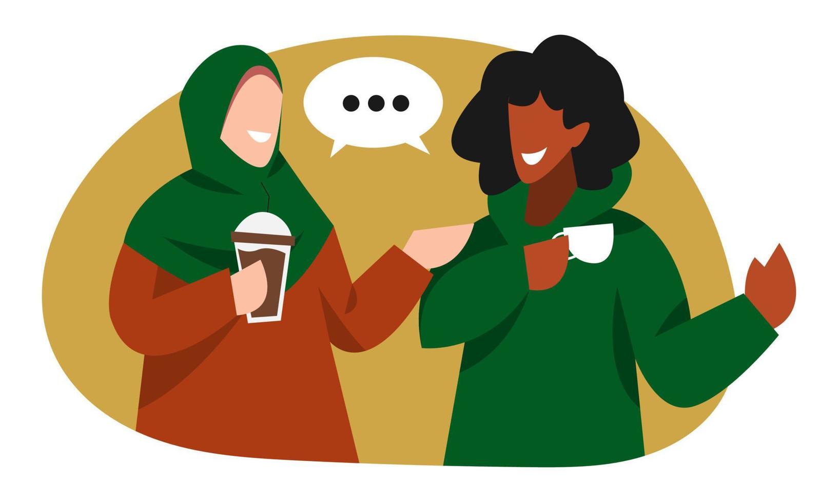 deux femelle copains bavardage plus de café. hijab musulman femmes, africain américain femmes. concept de café, bavardage, réunion, personnes. plat vecteur graphique conception.