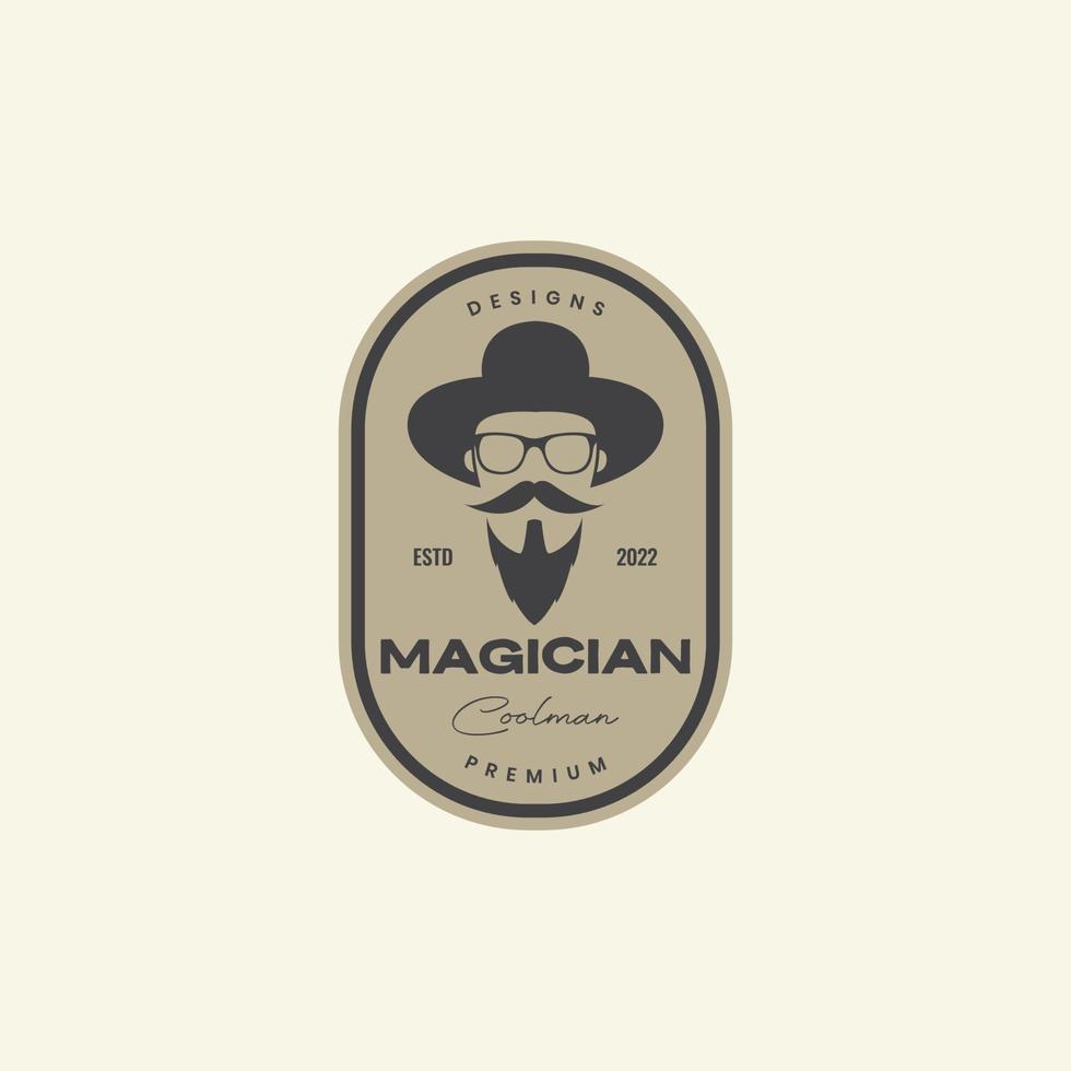 cool vieux homme barbu moustache magicien chapeau ancien badge logo conception vecteur icône illustration