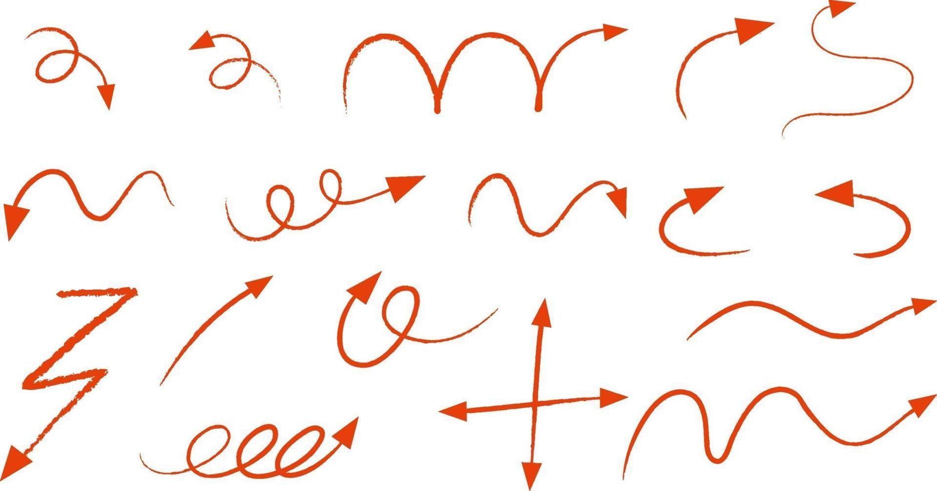 Différents types de flèches courbes dessinées à la main orange sur fond blanc vecteur