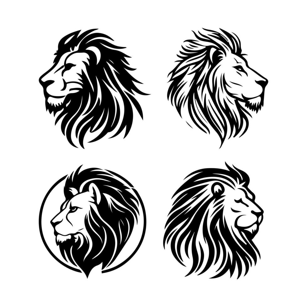 Lion tête visage logo ensemble silhouette noir icône tatouage mascotte main tiré Lion Roi silhouette animal vecteur illustration