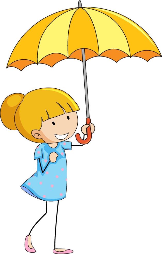 jolie fille tenant le personnage de dessin animé de doodle parapluie isolé vecteur
