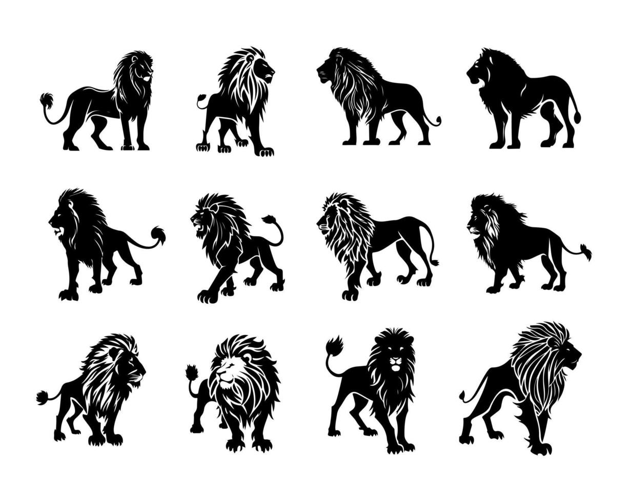 Lion Roi silhouette noir logo animaux silhouettes Icônes ensemble main tiré Lion tête visage silhouette vecteur illustration