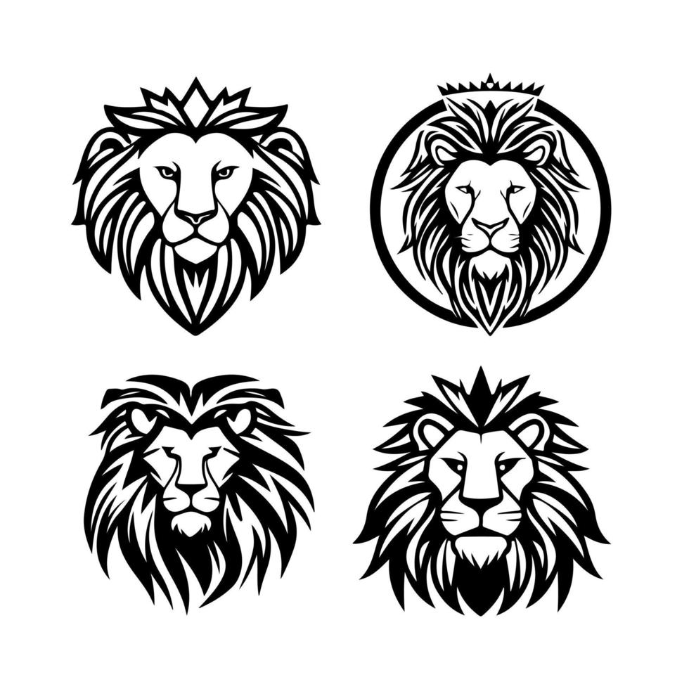 Lion tête visage logo ensemble silhouette noir icône tatouage mascotte main tiré Lion Roi silhouette animal vecteur illustration