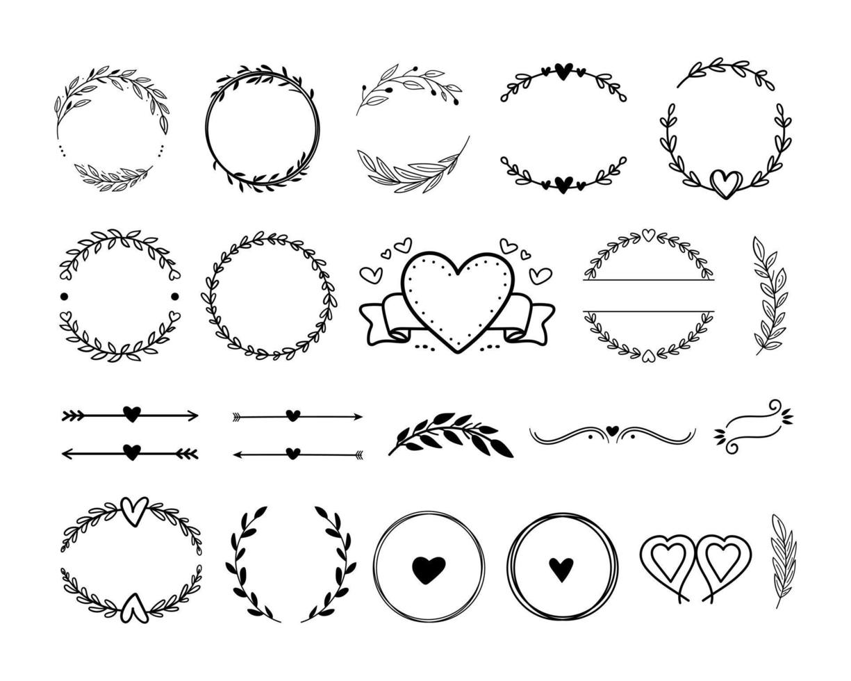 main tiré mariage éléments ensemble mariage ornements Icônes la mariée bague l'amour cœur vecteur illustration