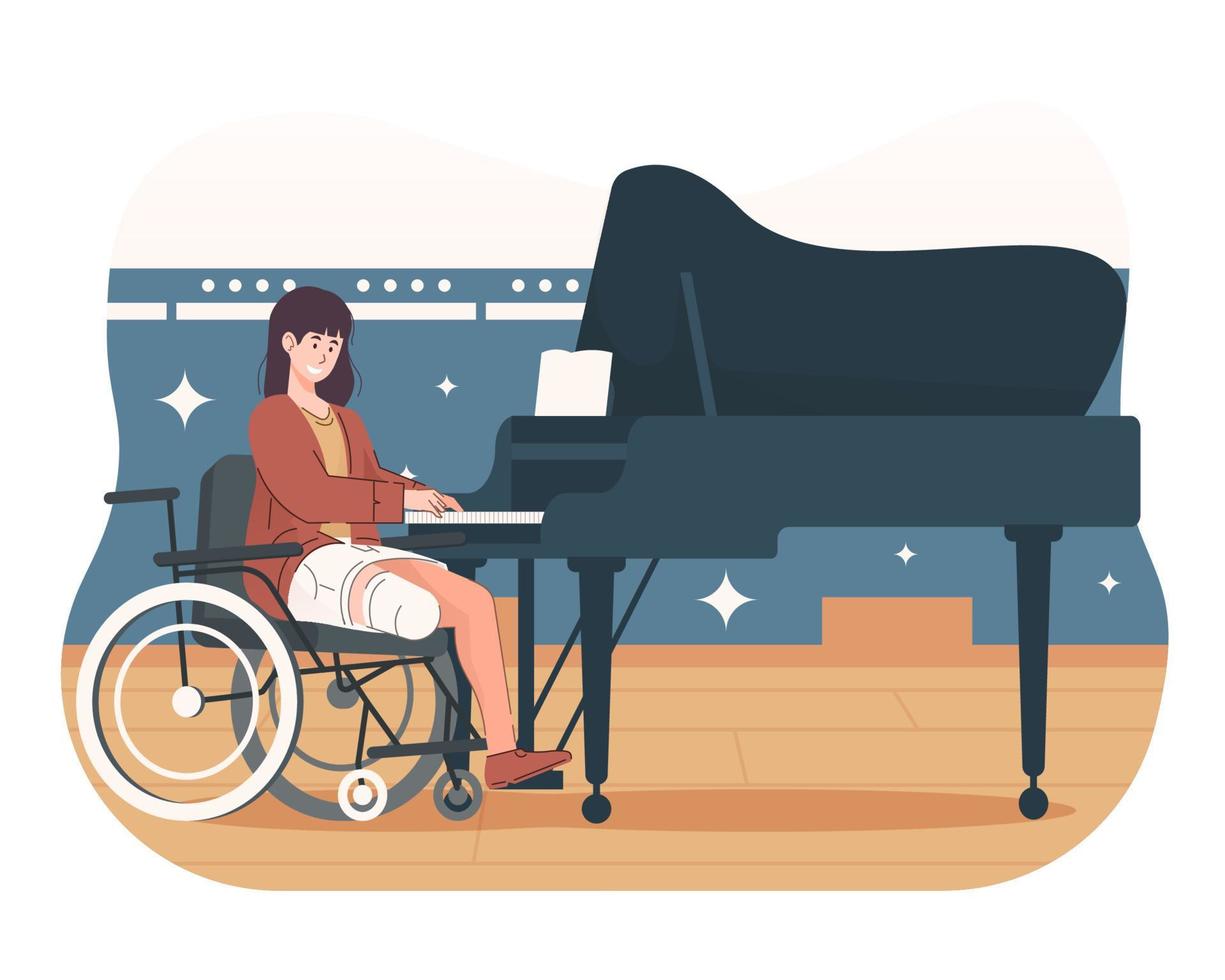 désactivée femme dans fauteuil roulant en jouant piano dans concert vecteur