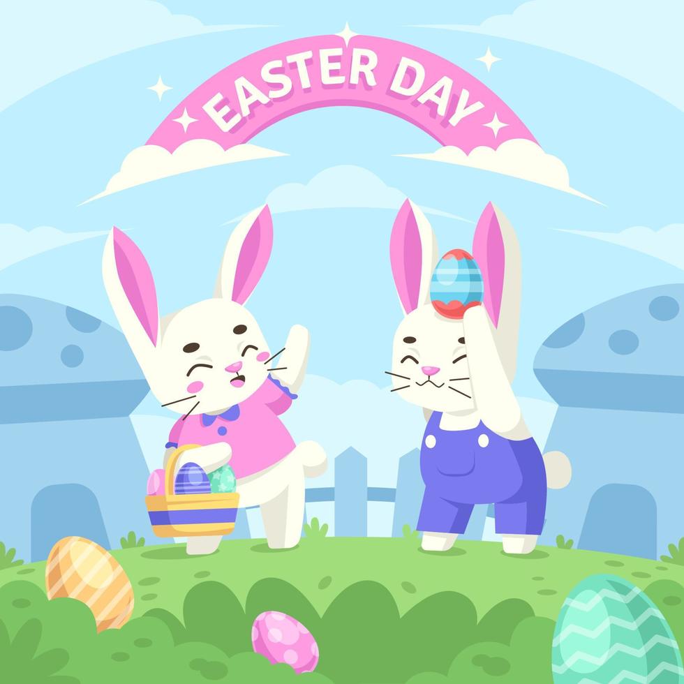 Pâques fête avec lapin et des œufs dans le jardin illustration vecteur