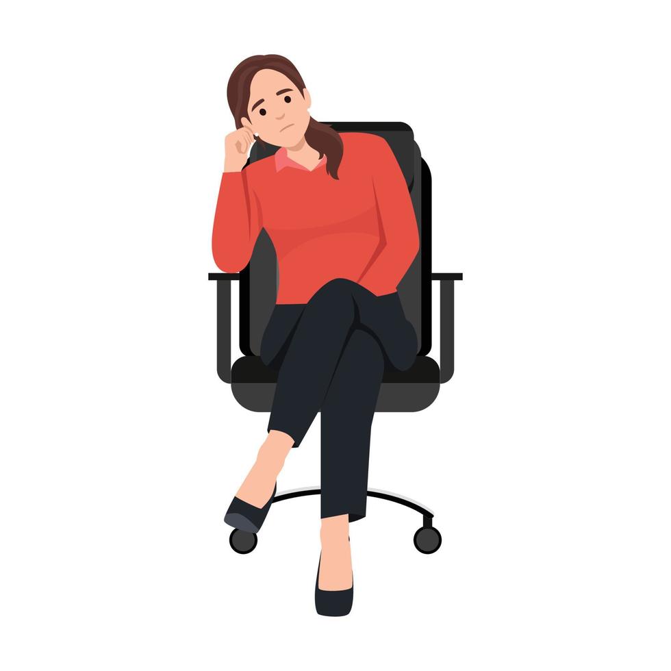 affaires femme triste séance sur Bureau chaise avec fatigué visage et à la recherche à téléspectateur. pense à propos problème. femelle exécutif directeur ou PDG. plat vecteur illustration isolé sur blanc Contexte