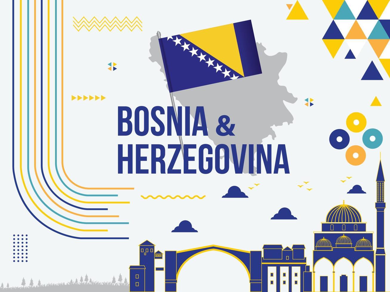 Bosnie et herzégovine indépendance journée bannière avec drapeau, couleurs thème arrière-plan, Bosnie carte, texte Repères, géométrique abstrait vecteur illustration