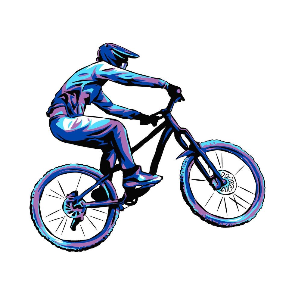bmx vélo coureur, une descente, cycliste. monochrome couleur. extrême sport concept, véhicule. adapté pour T-shirt conception, imprimer, autocollant, etc. main tiré illustration. vecteur