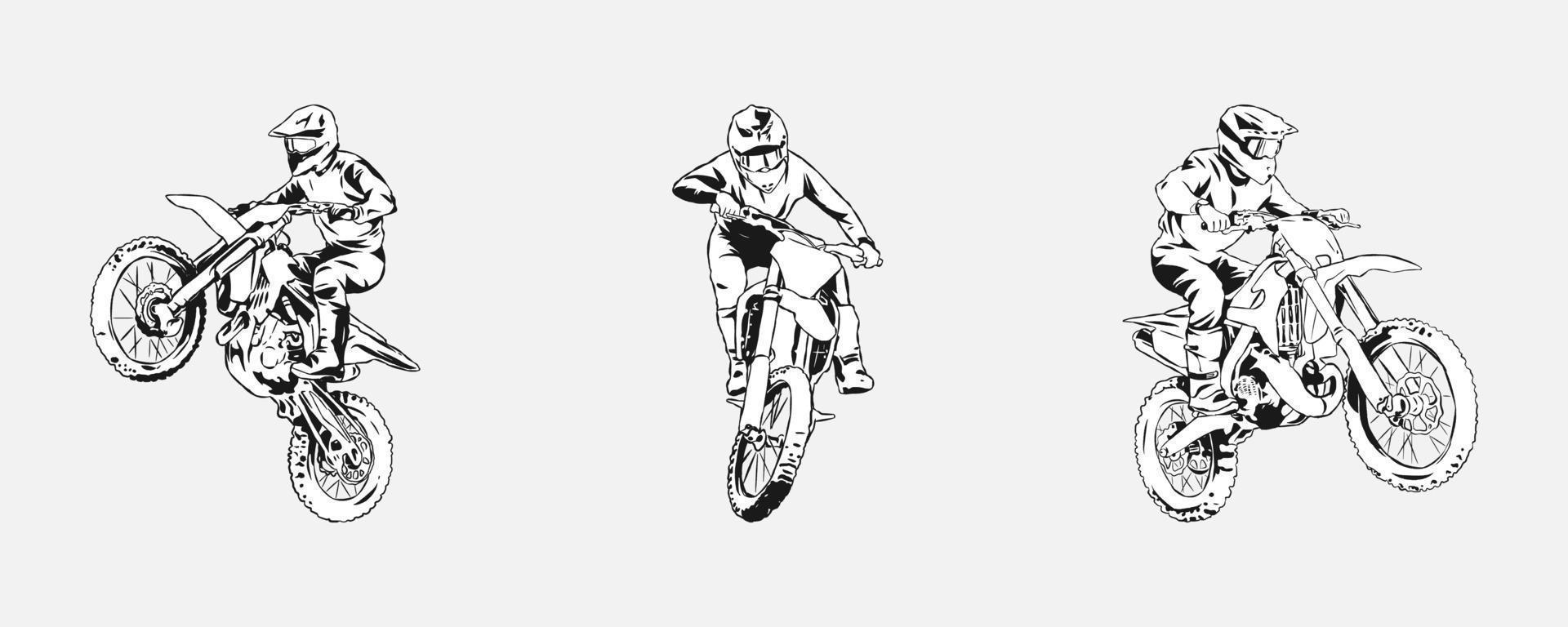 ensemble collection de motocross cavalier silhouettes. noir et blanc silhouette. concept de sport, extrême, course, moto. pour autocollant, imprimer, etc. main tiré vecteur illustration.