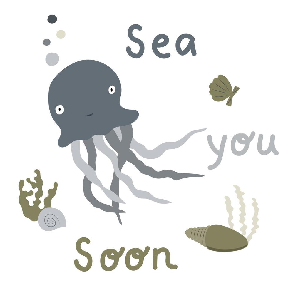 content méduse avec algue et coquillages, mer vous bientôt texte dans plat style. Facile Marin, sous-marin personnage sur blanc arrière-plan, clipart vecteur