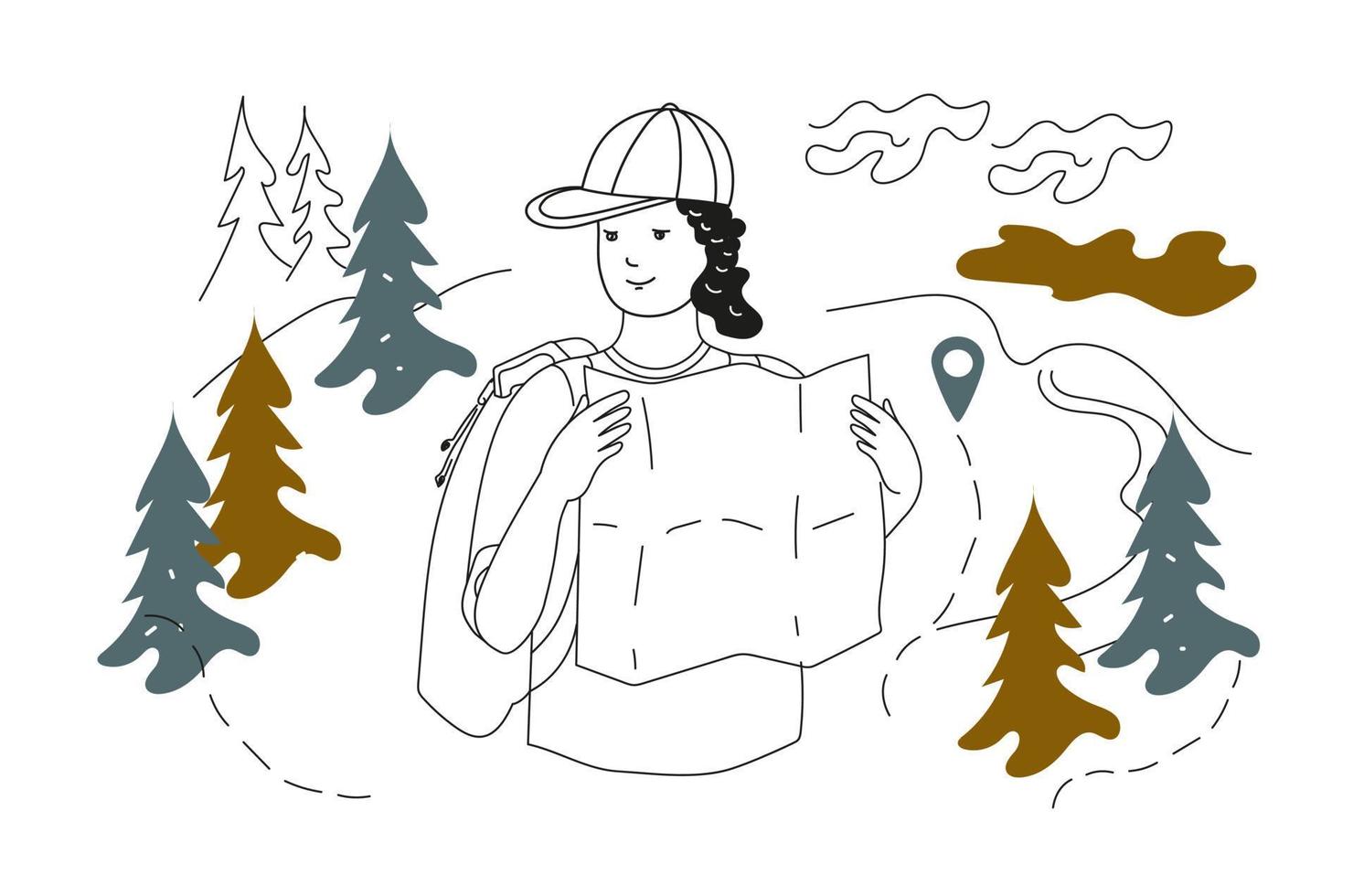 femme touristique avec sac à dos en portant carte recherche itinéraire. vecteur griffonnage illustration.