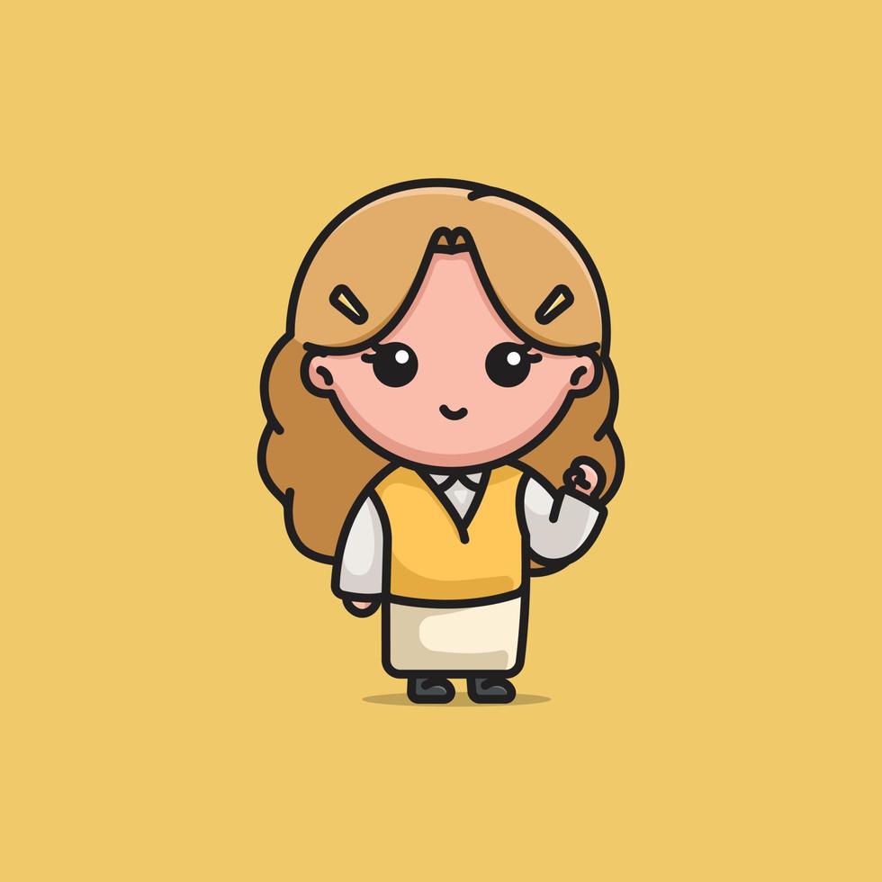 mignonne magnifique blond ondulé cheveux femme souriant poing en haut avec Jaune gilet dessin animé personnage illustration vecteur isolé