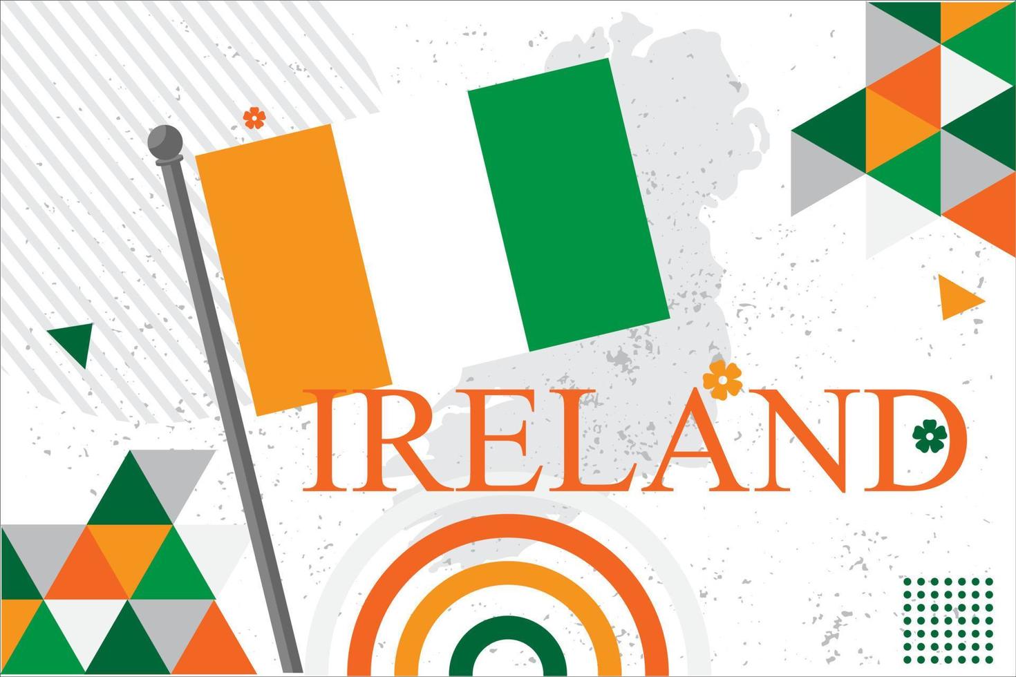 Irlande nationale journée bannière avec irlandais drapeau couleurs thème Contexte et géométrique abstrait rétro moderne vert orang blanc conception. irlandais harpe et carte icône, fête de st patrick's journée vecteur