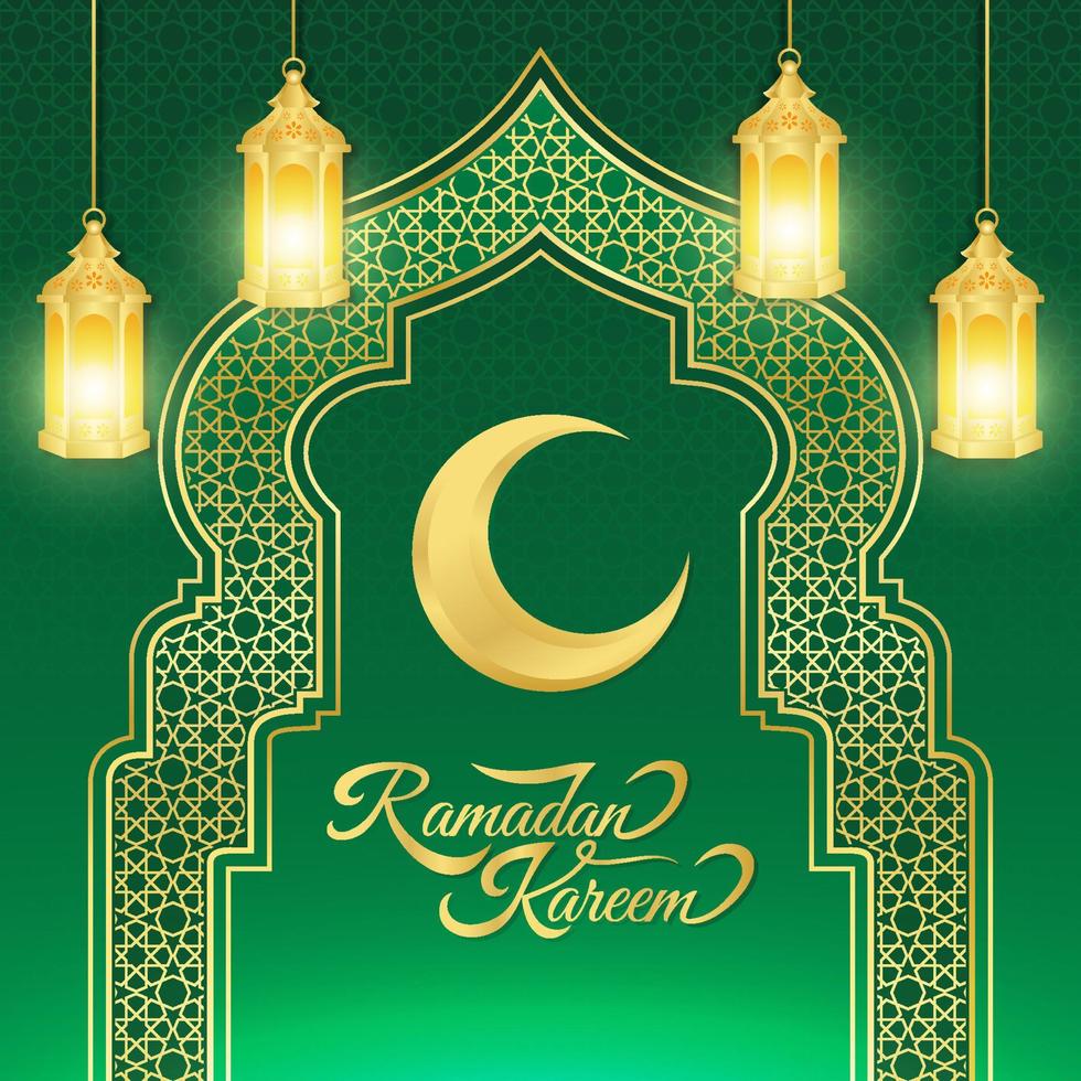 islamique Contexte pour Ramadan kareem et eid mubarak 2023. d'or et vert, avec lanterne, islamique ornement modèle vecteur
