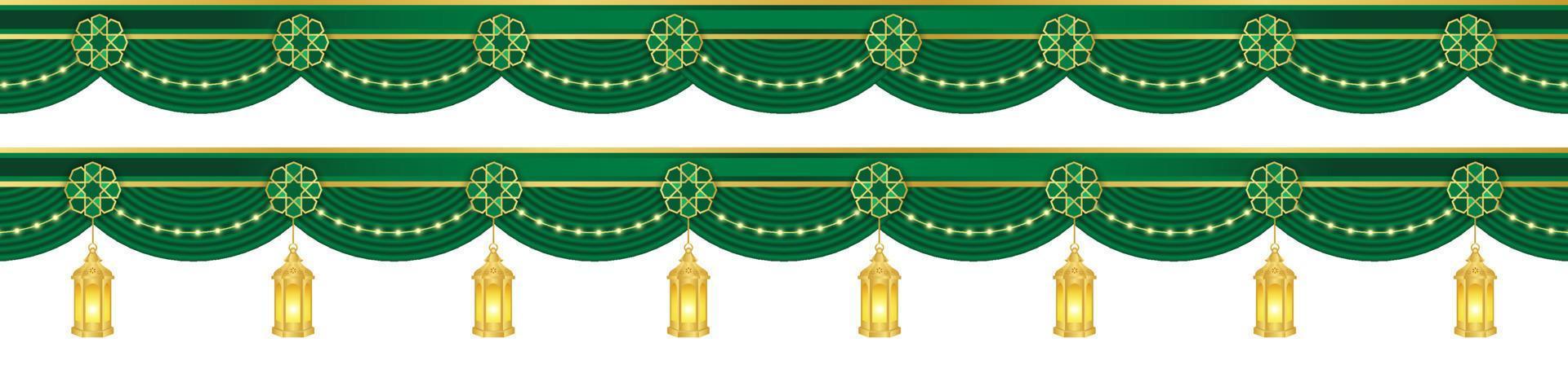 islamique ornement rideau, lanterne lampe modèle, entête ou bas de page pour arrière-plan, bannière, affiche, couverture conception, social médias alimentation, histoires. Ramadan kareem et eid mubarak 2023 concept vecteur