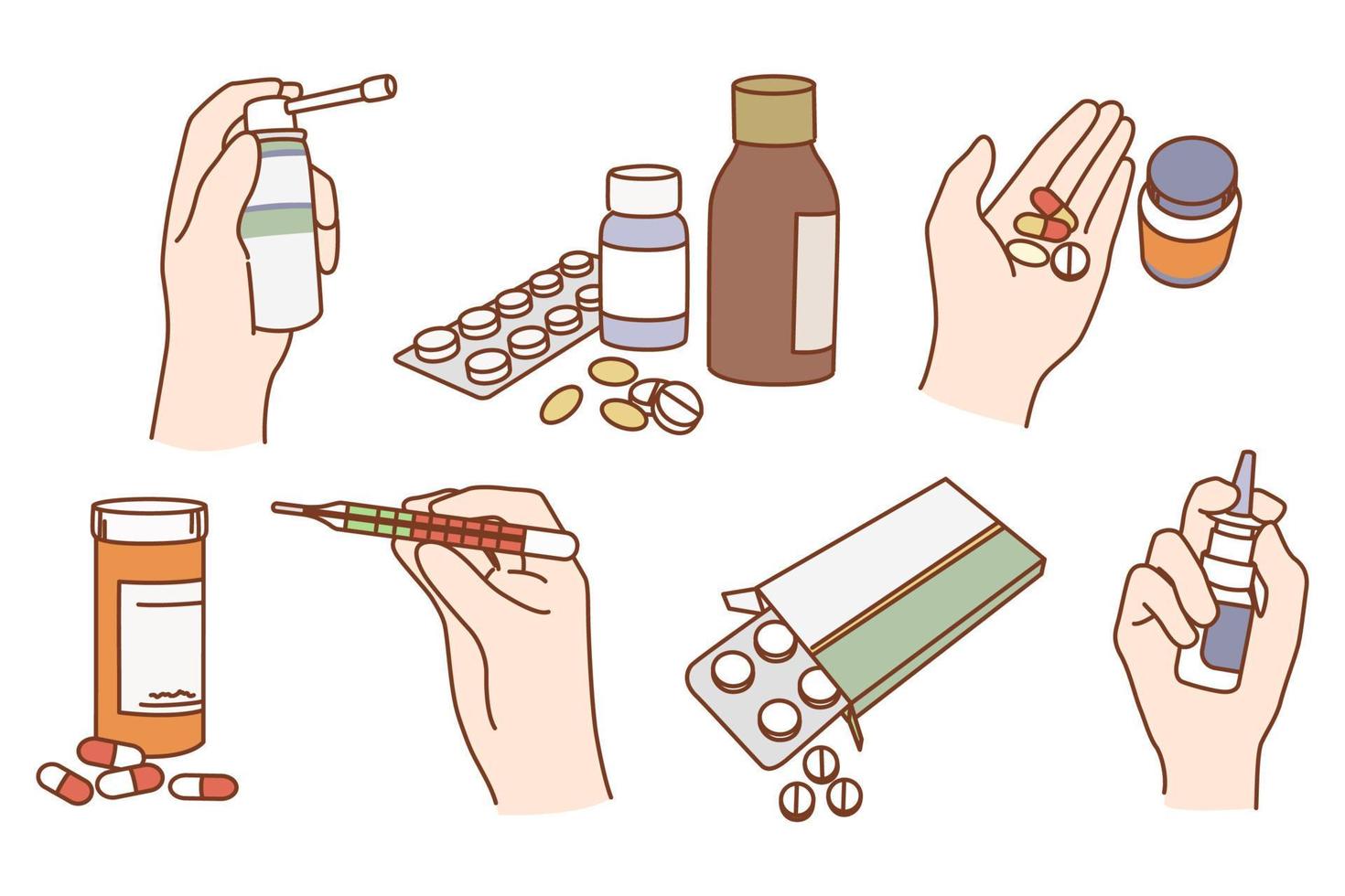 ensemble de diverse médicaments à soulager maladies symptômes. collection de pilules et drogues, sirop et vaporisateur pour malade ou mauvais patient. médicament et soins de santé concept. plat vecteur illustration.