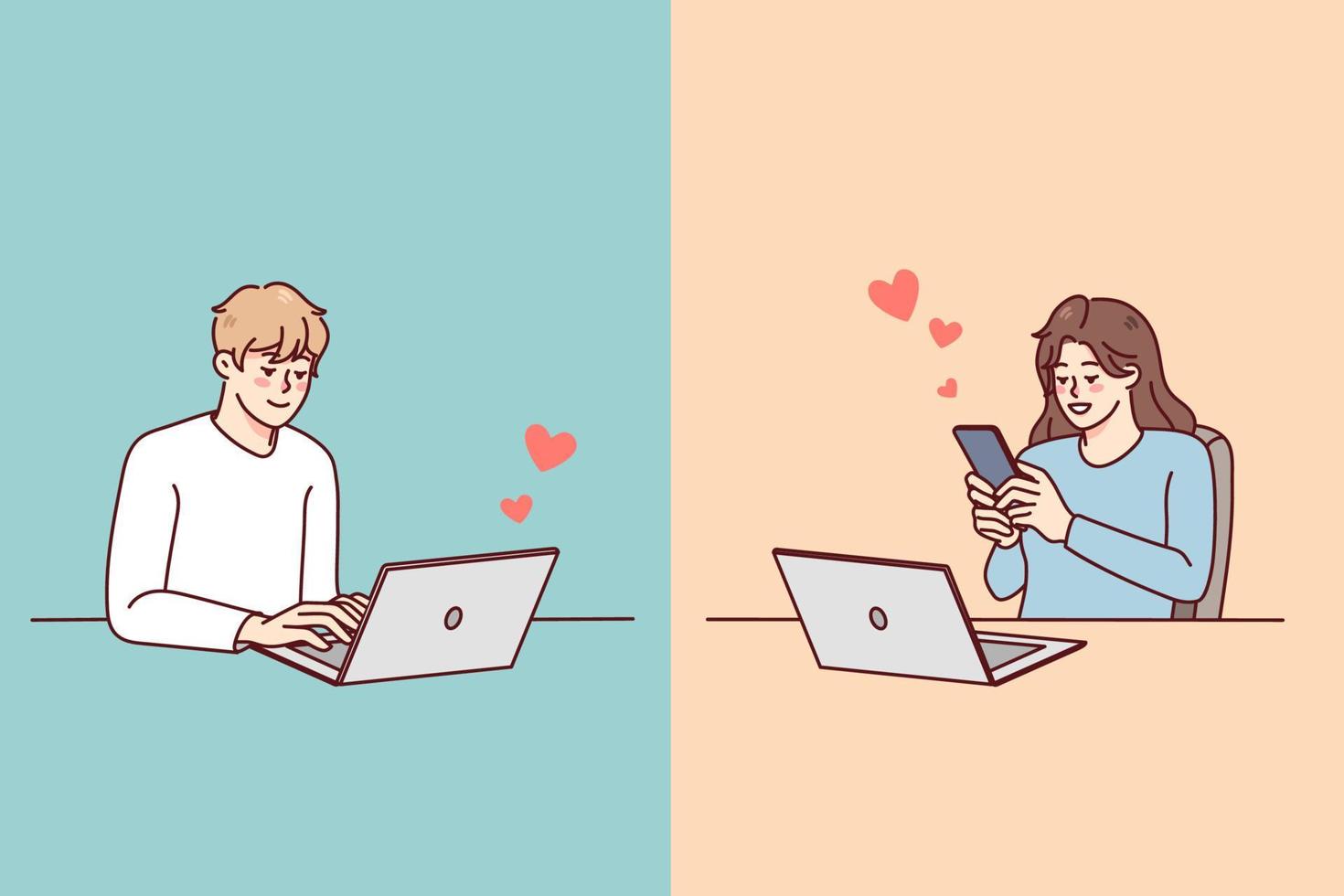 couple envoyer des SMS en ligne sur gadget ayant relation sur distance. homme et femme message communiquer sur dispositifs. l'amour et en ligne sortir ensemble concept. vecteur illustration.