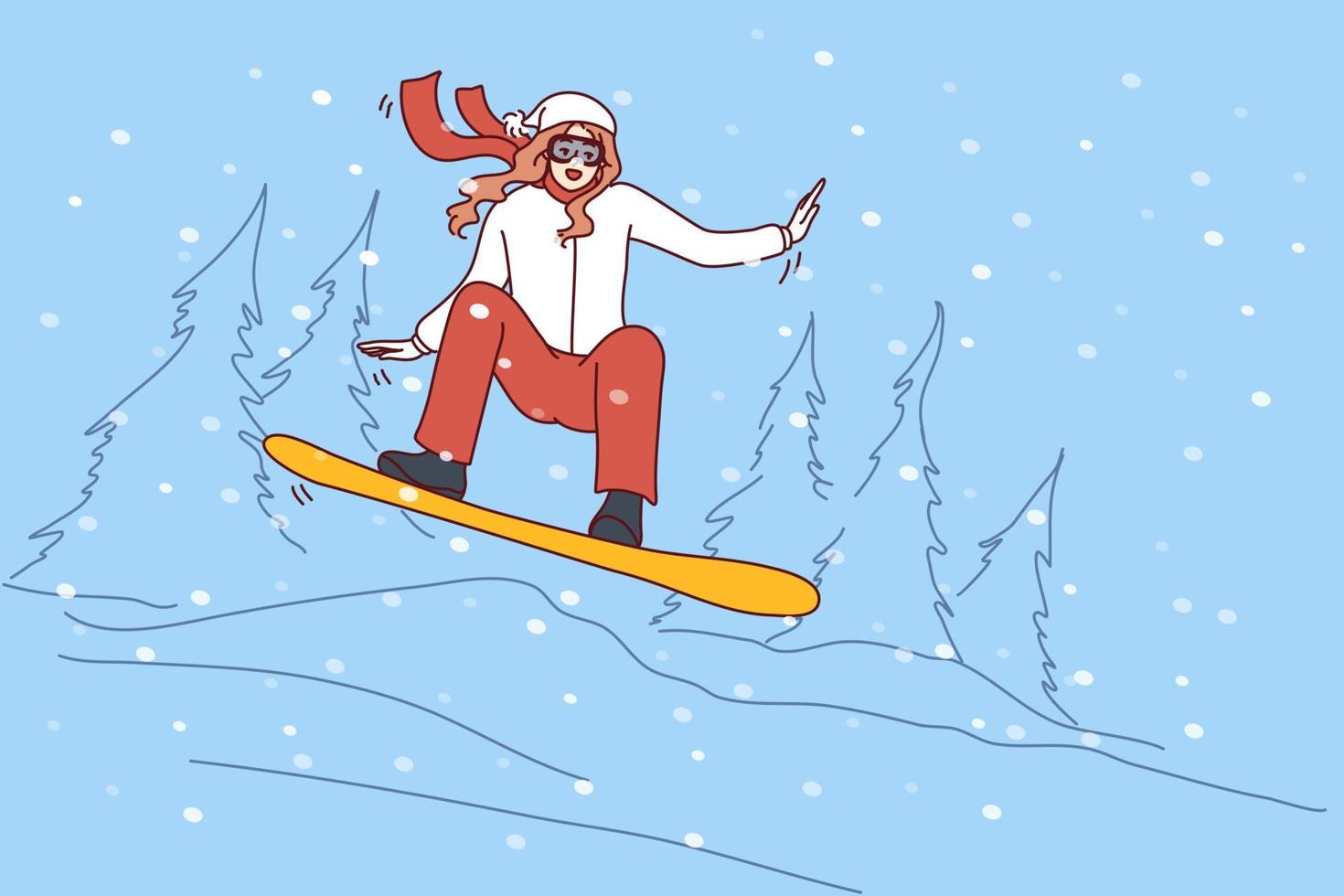 content actif femme dans vêtements d'extérieur planche a neige dans montagnes sur vacances. souriant fille prendre plaisir hiver physique activité. sport et vacances. vecteur illustration.