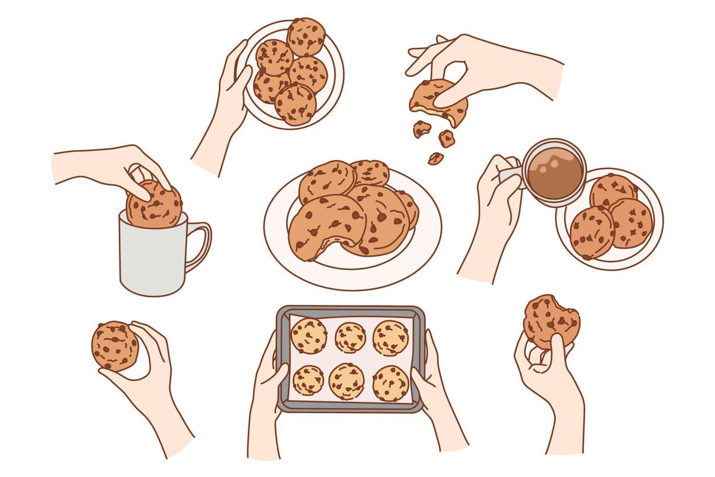 ensemble de gens en mangeant Chocolat puce biscuits pour collation. collection de la personne prendre plaisir savoureux Frais cuit des biscuits avec café à maison. boulangerie et sucré des trucs concept. vecteur illustration.