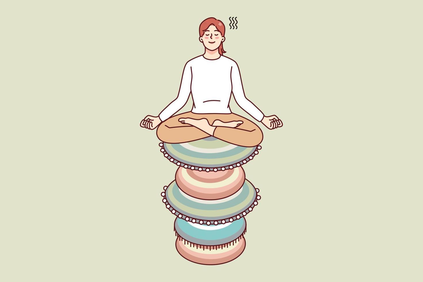 calme femme séance sur empiler de Zen rochers méditer. paisible femelle entraine toi yoga impliqué dans méditation session. soins de santé et paix. vecteur illustration.