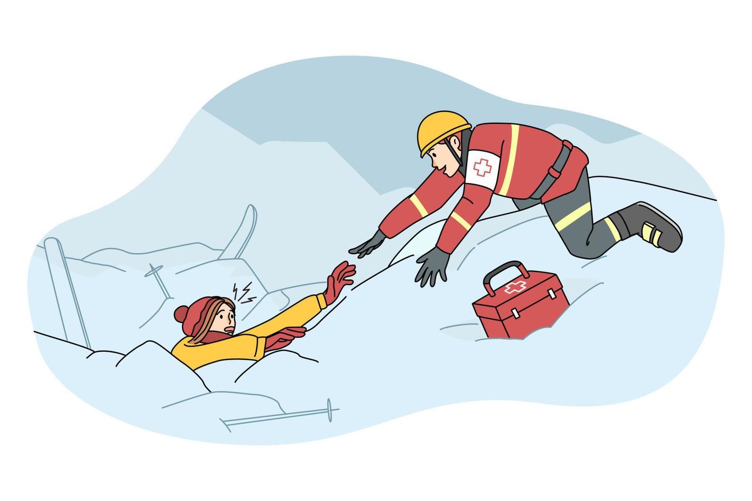 bouée de sauvetage portion skieur enterré dans avalanche après sévère tempête de neige. sauveteur trouver gens dans neige à ski station balnéaire. sauver des vies et sauver opération. plat vecteur illustration.