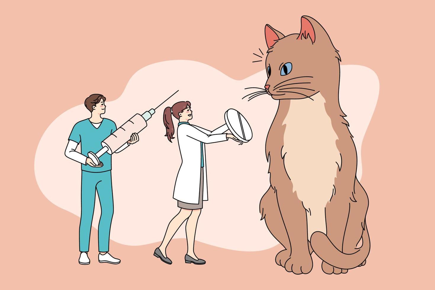 minuscule médecins gens traiter guérir énorme chat donner des médicaments et pilule. petit vétérinaires Aidez-moi mauvais pour la santé national animal avec médicaments. animal de compagnie soins de santé et vétérinaire aider. vecteur illustration.