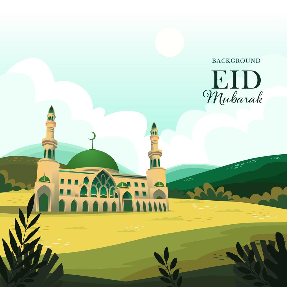 eid mubarak salutation carte conception modèle beauté mosquée dans le Montagne dessin animé vecteur illustration