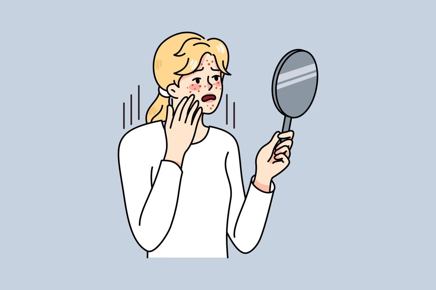 affligé femme Regardez dans miroir inquiéter à propos acné problèmes. malheureux fille stress à propos boutons, ayant soin de la peau troubles. peau soins de santé et dermatologie. vecteur illustration.