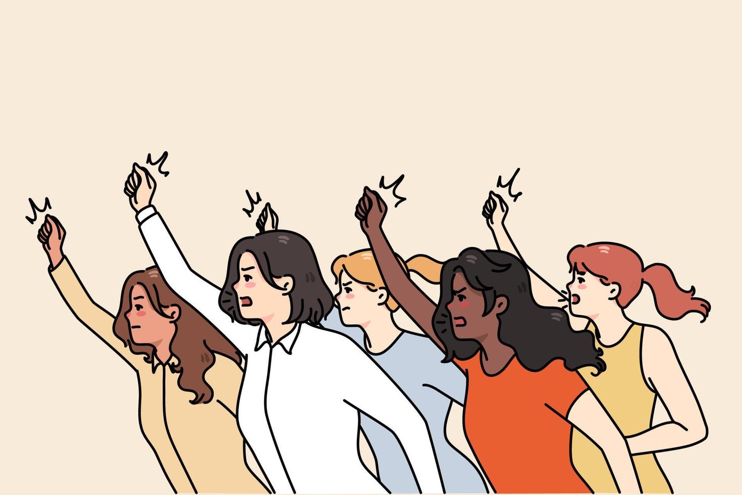 déterminé femmes lutte pour égal droits sur manifestation ou manifestation. femelle militants ou dirigeants lutte pour égalité. social Justice guerrier, fille Puissance et féminisme. vecteur illustration.