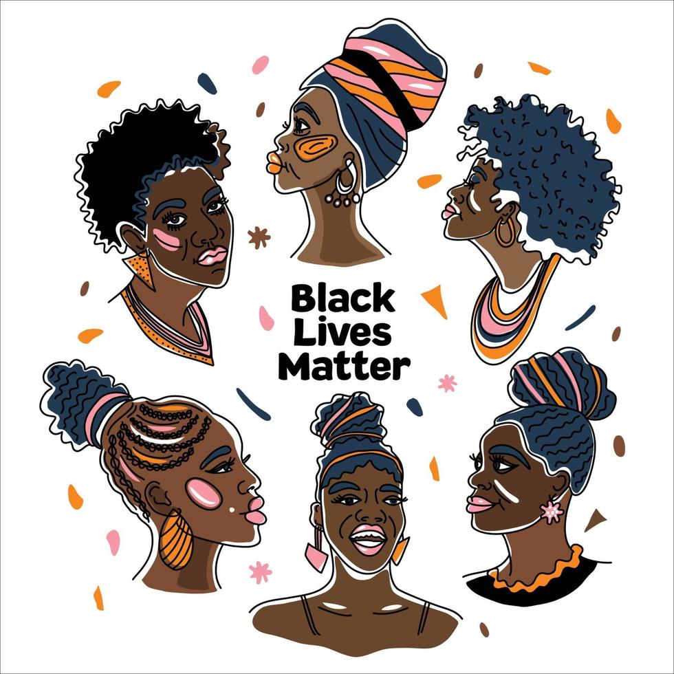 communauté noire un groupe de femmes africaines si belles, droits de l'homme, lutte contre le racisme. dessin au trait, style minimalisme. illustration du mois de l'histoire des noirs. vecteur