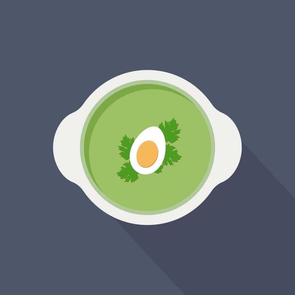 épinard purée soupe dans une bol garni avec moitié de Oeuf et persil feuilles décoration, vecteur illustration dans plat style. vert soupe