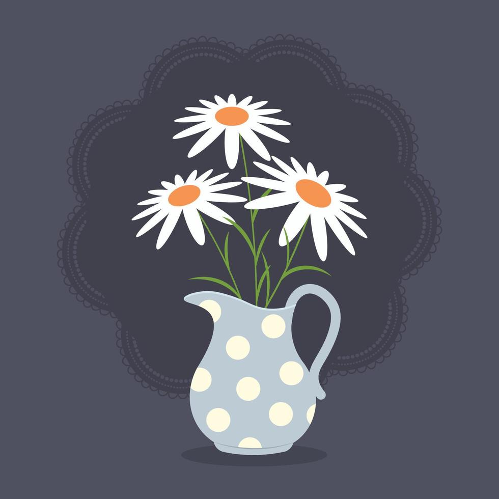 cruche avec Trois marguerites sur foncé Contexte. vecteur illustration dans plat style.