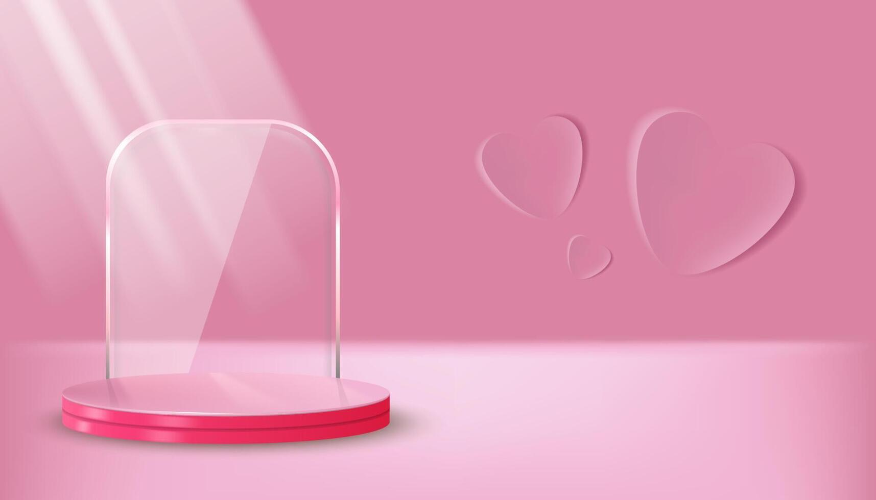 Contexte pièce avec aimer, pastel rose avec verre miroir et lumière des rayons, backgorund vecteur 3d cylindre rendu pour produit présentation studio