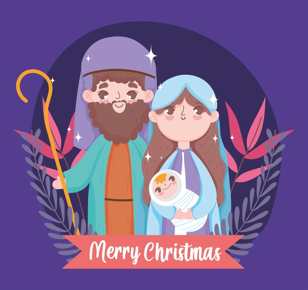 joyeux noël et nativité avec marie, joseph et bébé jésus vecteur