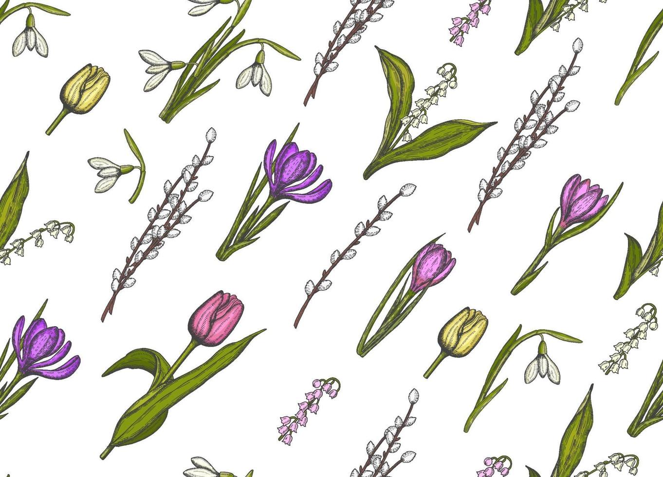 modèle sans couture de printemps avec des fleurs dessinées à la main muguets, saule, tulipe, perce-neige, crocus - isolé. Le motif peut être utilisé pour le papier peint, l'arrière-plan de la page Web, les textures de surface. vecteur