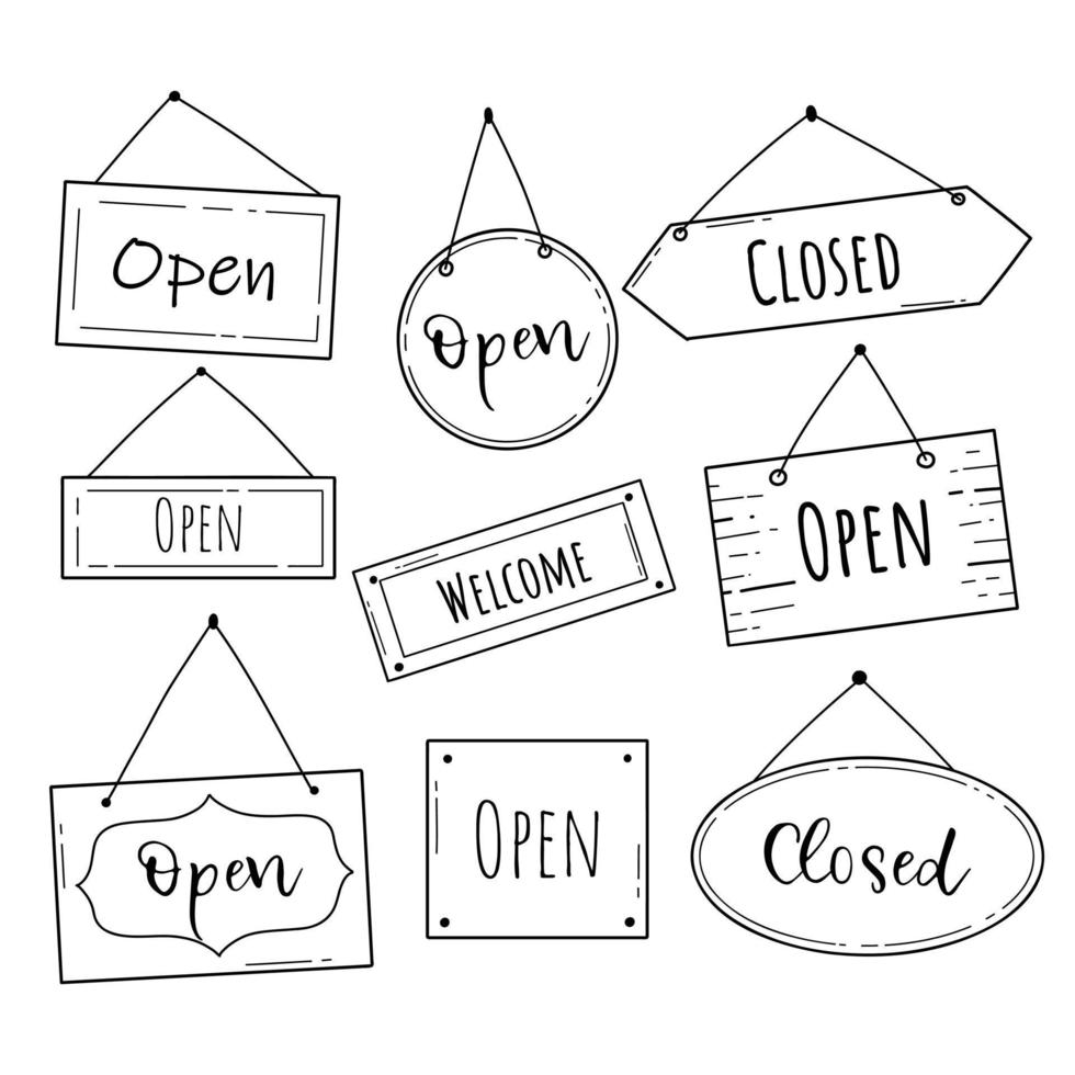 main tiré ensemble de ouvert et fermé porte signe. griffonnage esquisser style. magasin porte ou fenêtre ouvert étiqueter. vecteur illustration.