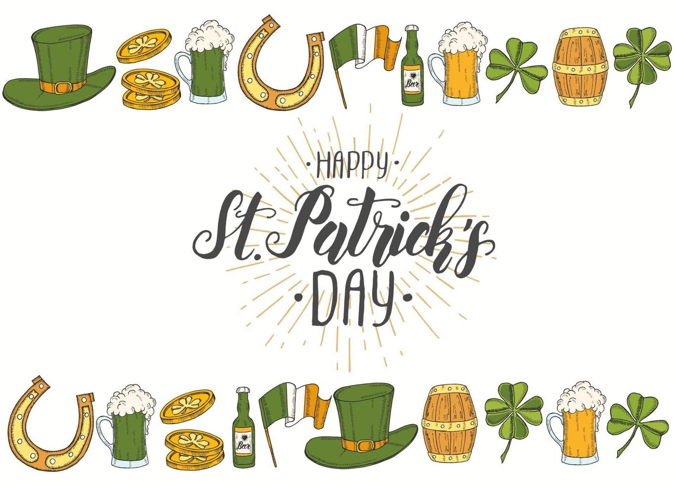 affiche de la Saint-Patrick avec des icônes dessinées à la main. st. chapeau de patrick, fer à cheval, bière, baril, drapeau irlandais, trèfle à quatre feuilles et pièces d'or. menu, bannière, publicité.lettering.engraving vecteur