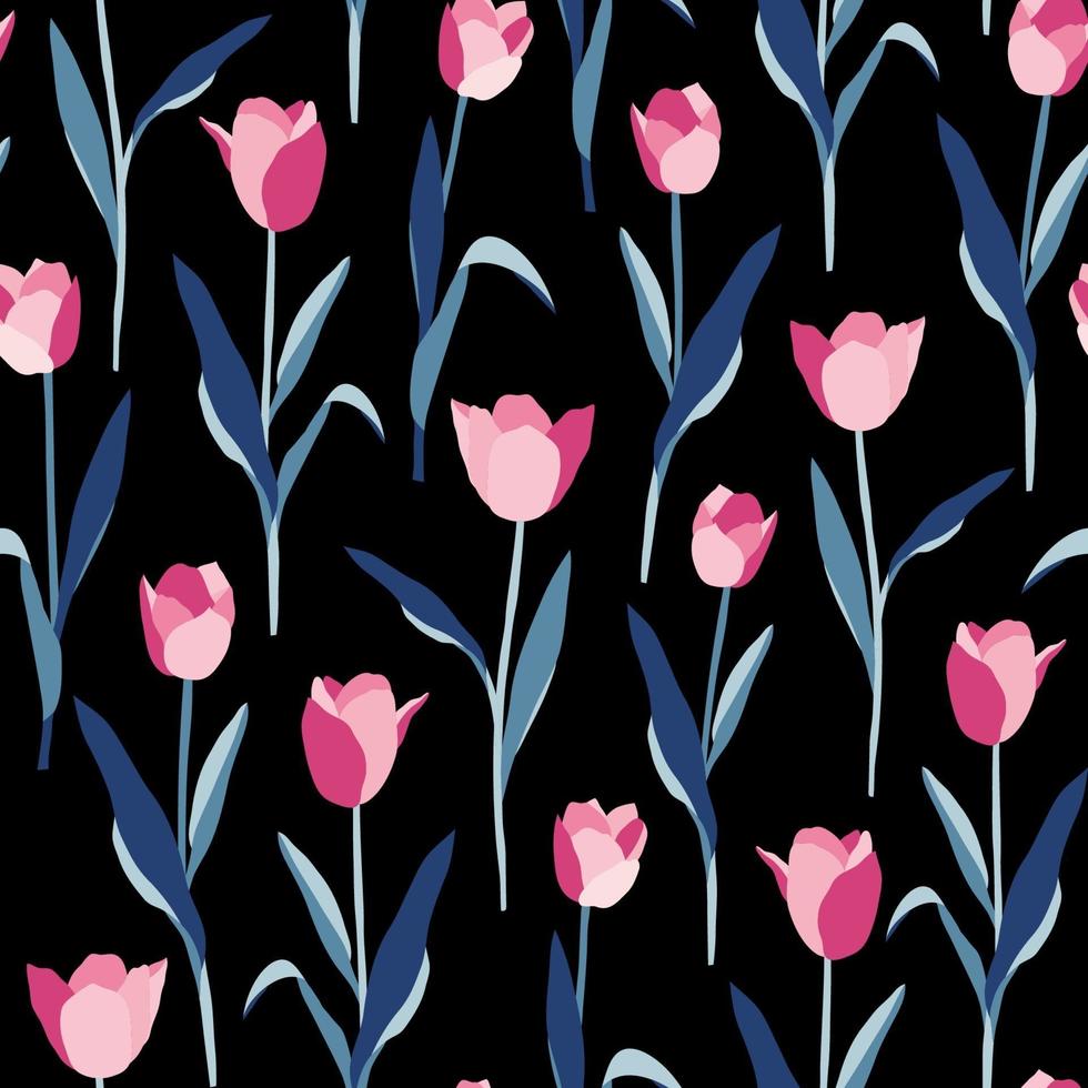 Modèle sans couture de fleurs de tulipes sur fond noir vecteur