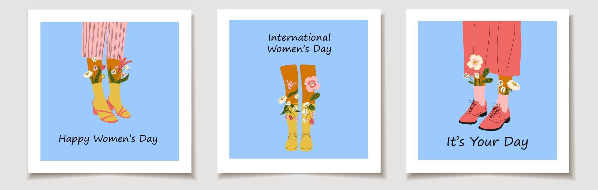 international aux femmes journée. une ensemble de salutation cartes avec femelle jambes dans bottes. cool chaussure avec fleurs. haute chaussettes . main tiré vecteur coloré branché mode illustration.