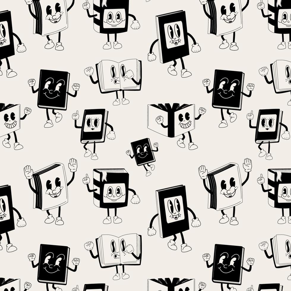 sans couture modèle avec gros ensemble de livres 30s dessin animé mascotte personnage 40 ans, 50 ans, Années 60 vieux animation style dans noir et blanc Couleur vecteur