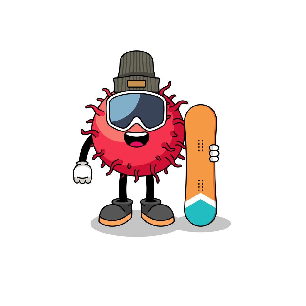 mascotte dessin animé de ramboutan fruit snowboard joueur vecteur
